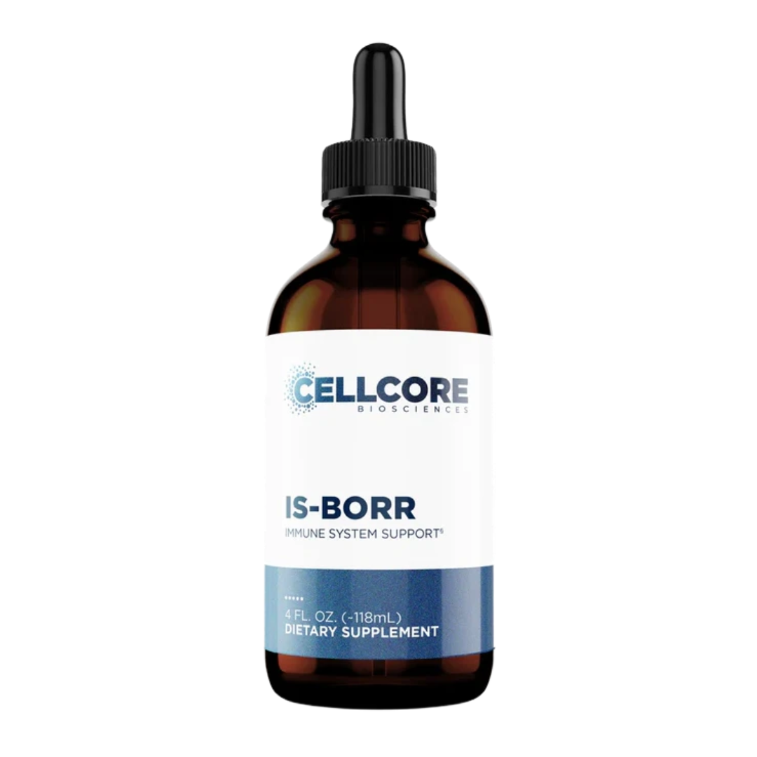 Brown glass bottle with dropper labelled 'IS-BORR' by Cellcore Biosciences on a white background