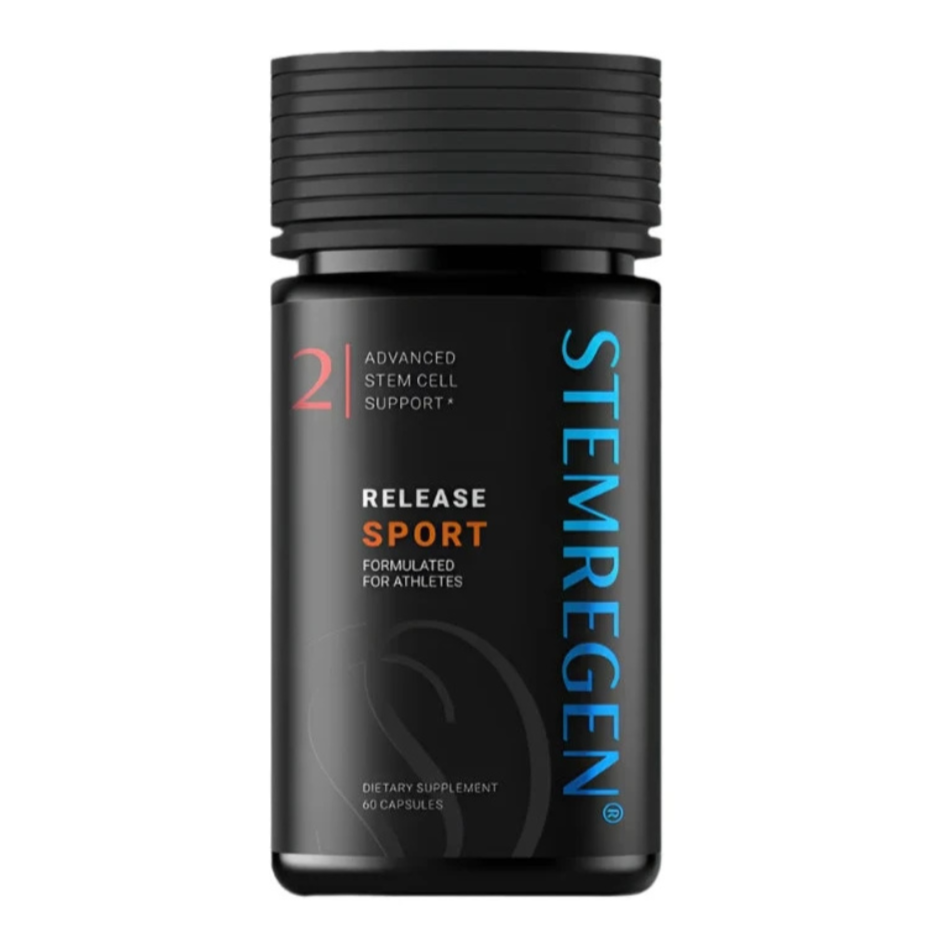 A bottle of STEMREGEN Sport supplement, primarily black in color with blue and white text detailing the product name and brand.