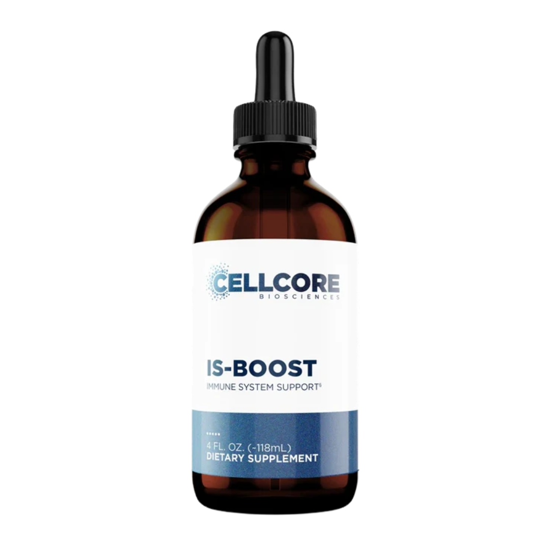 Bottle of Cellcore IS-Boost dietary supplement on a white background