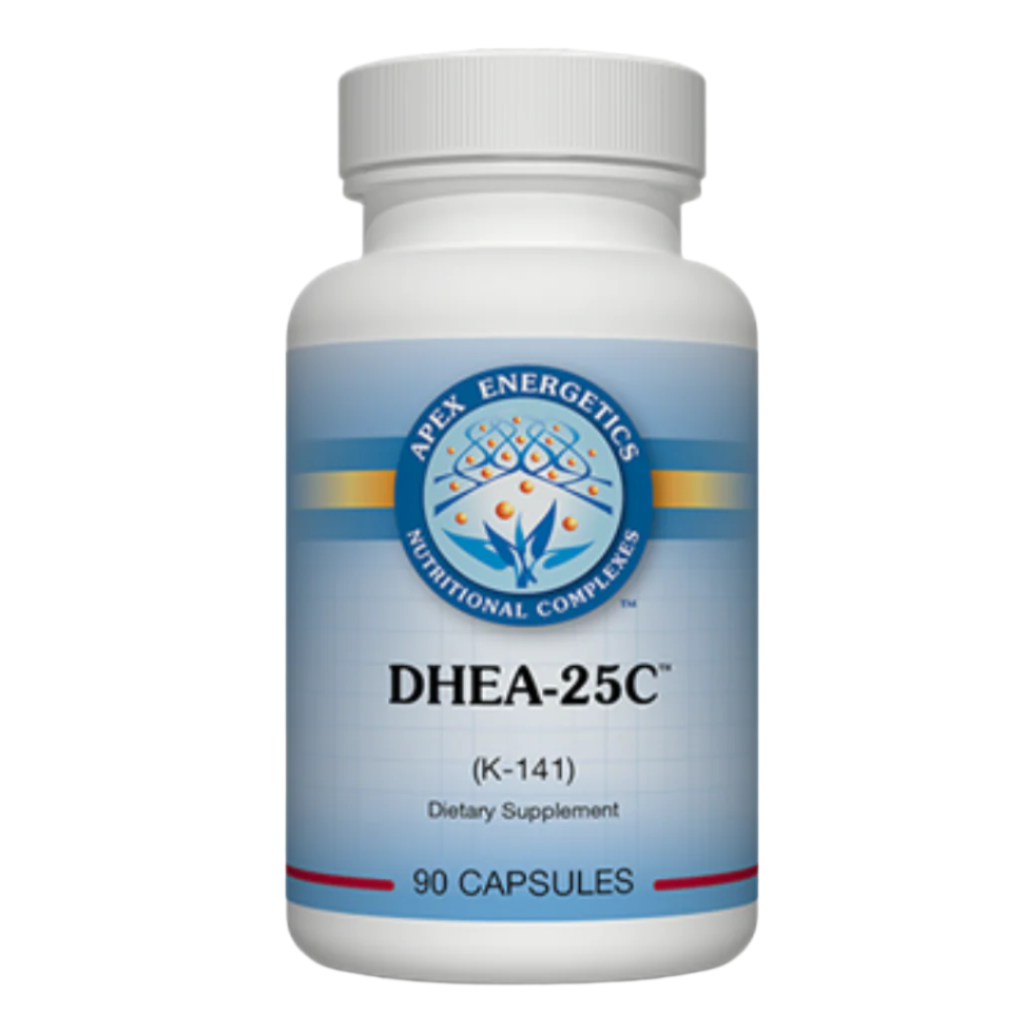 A white pill bottle labeled 'DHEA-25C' with a blue and red graphic design, indicating it contains 25 mg of DHEA per capsule and comes in 90 capsules.