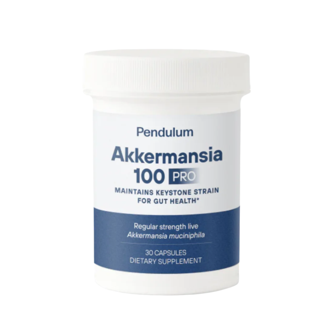 A container of Pendulum Akkermansia 100 Pro, which is a dietary supplement intended to maintain ketone stain balance for gut health. The container is labeled as having 30 capsules and is presented against a white background.
