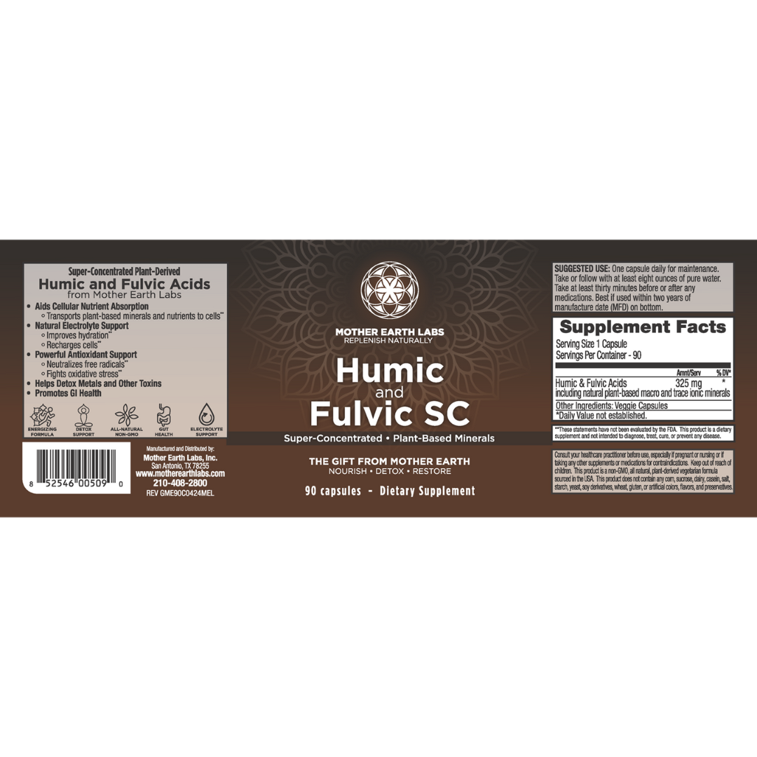Label of Humic and Fulvic SC supplement by Mother Earth Labs on a white background