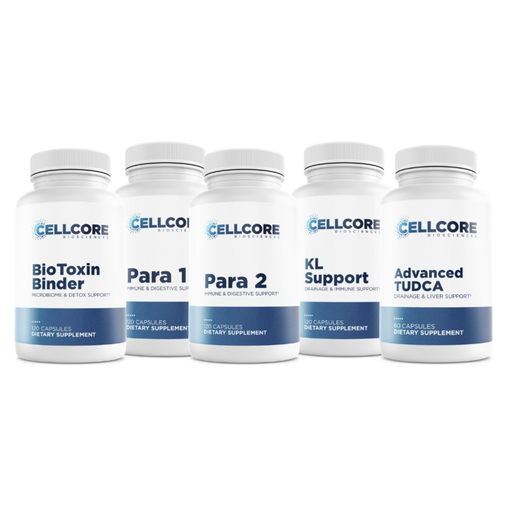 Five bottles labeled with different product names: BioToxin Binder, Para 1, Para 2, KL Support, Advanced TUDCA, with a blue and white color scheme.
