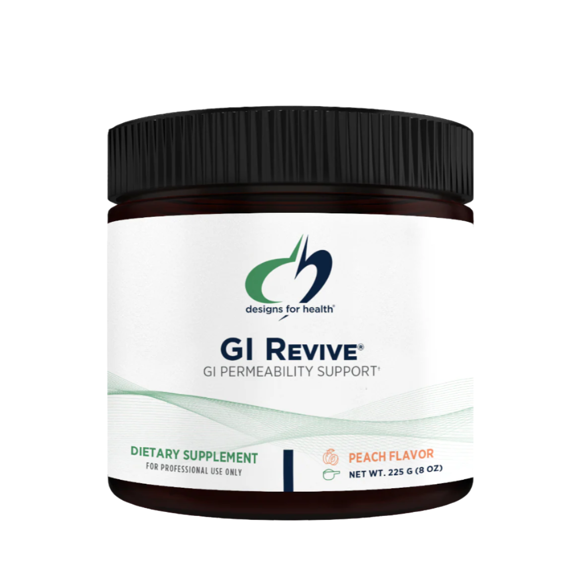 A black tub labelled 'GI Revive' by Designs for Health on a white background.
