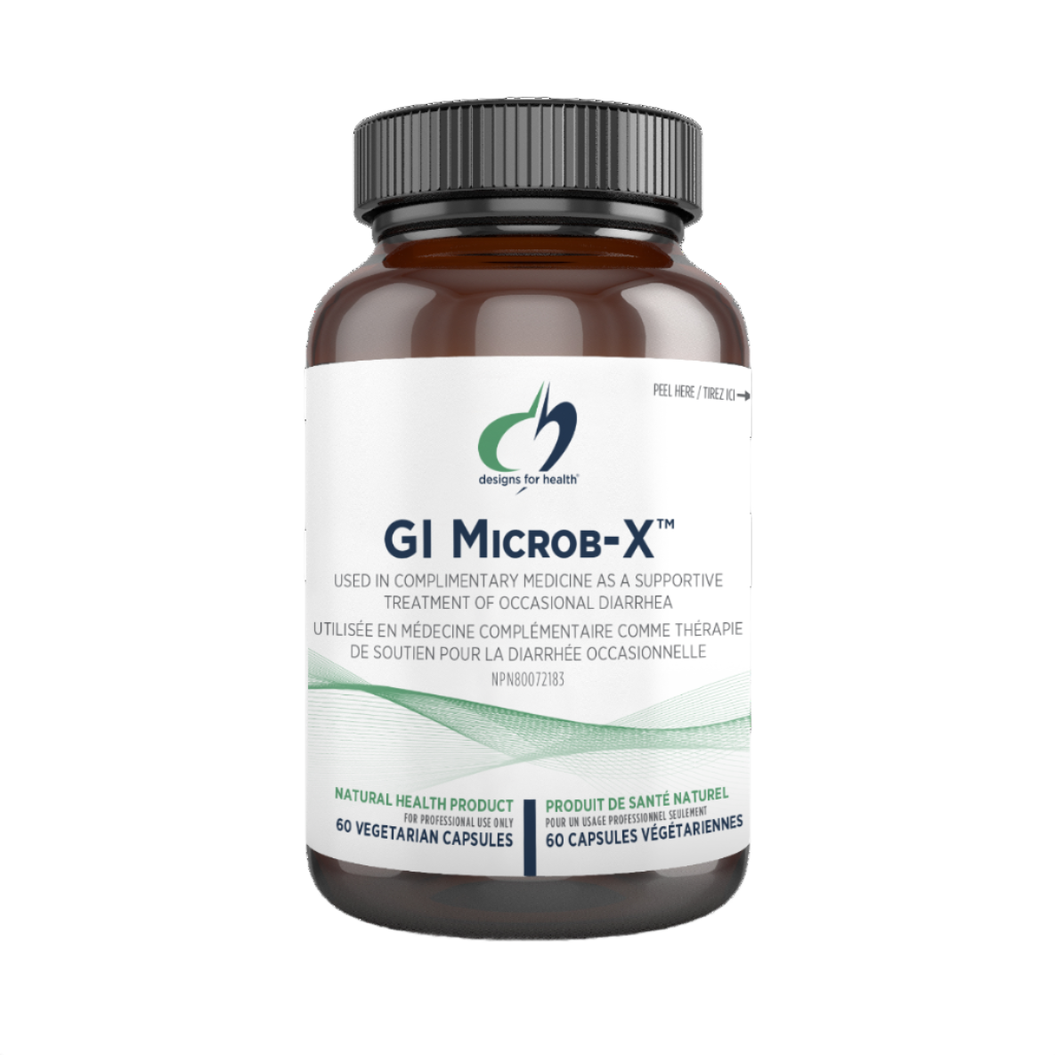 A dark bottle labelled 'GI Microb-X' by Designs for Health on a white background.
