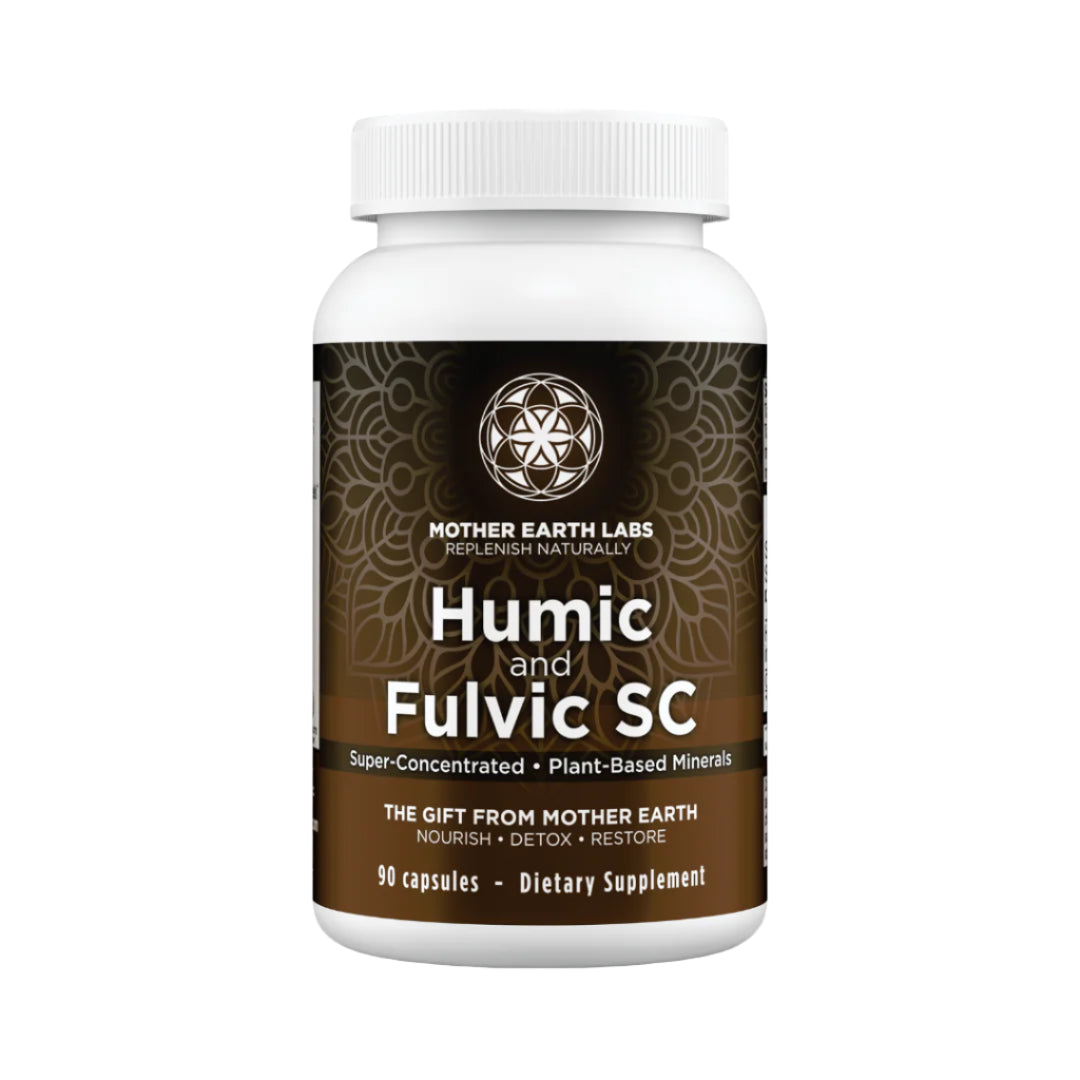 Supplement bottle labeled 'Humic and Fulvic SC' by Mother Earth Labs on a white background