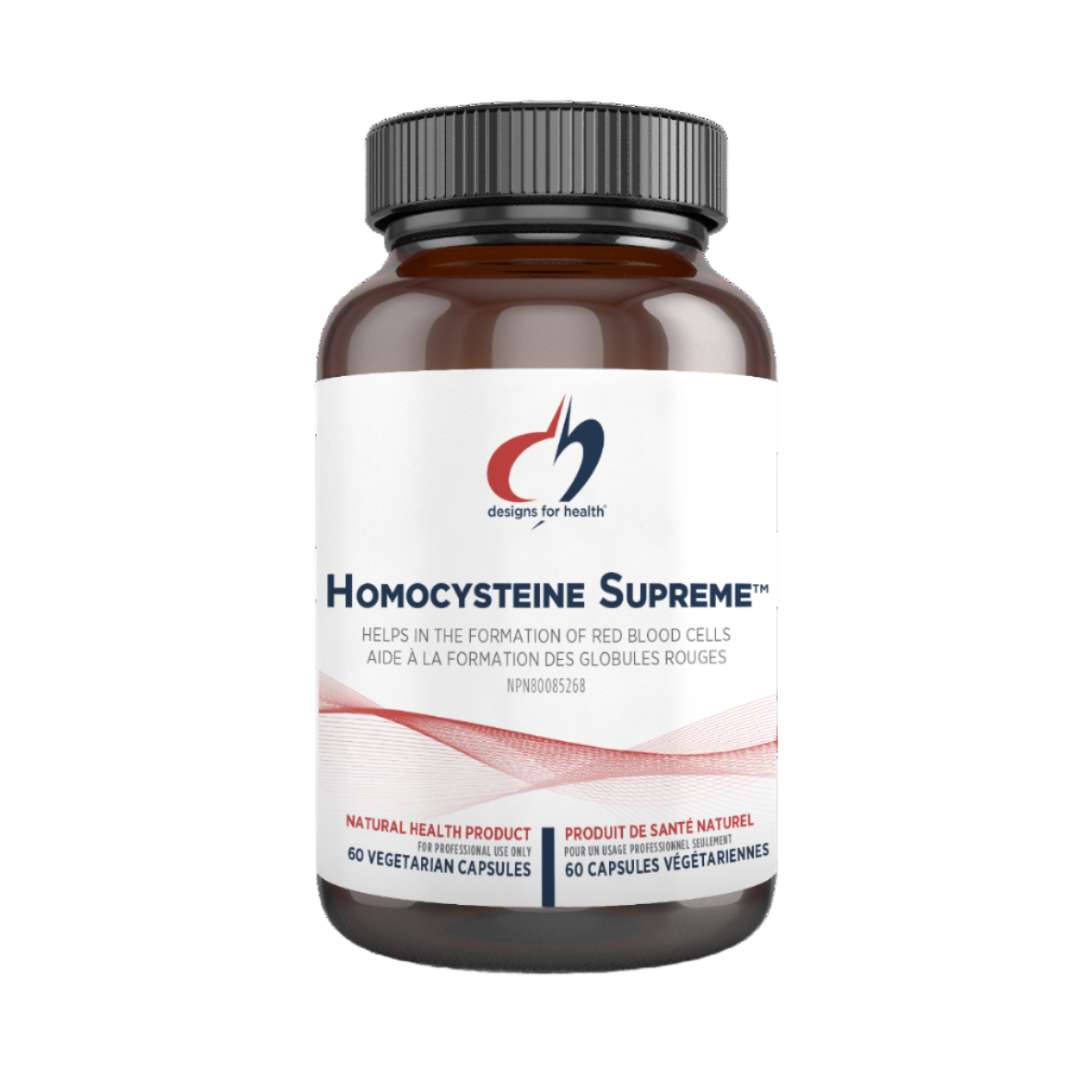 A bottle of Homocysteine Supreme, a dietary supplement product, with text on the label indicating it is a natural product, 60 capsules, and that it supports detoxification and joint health.