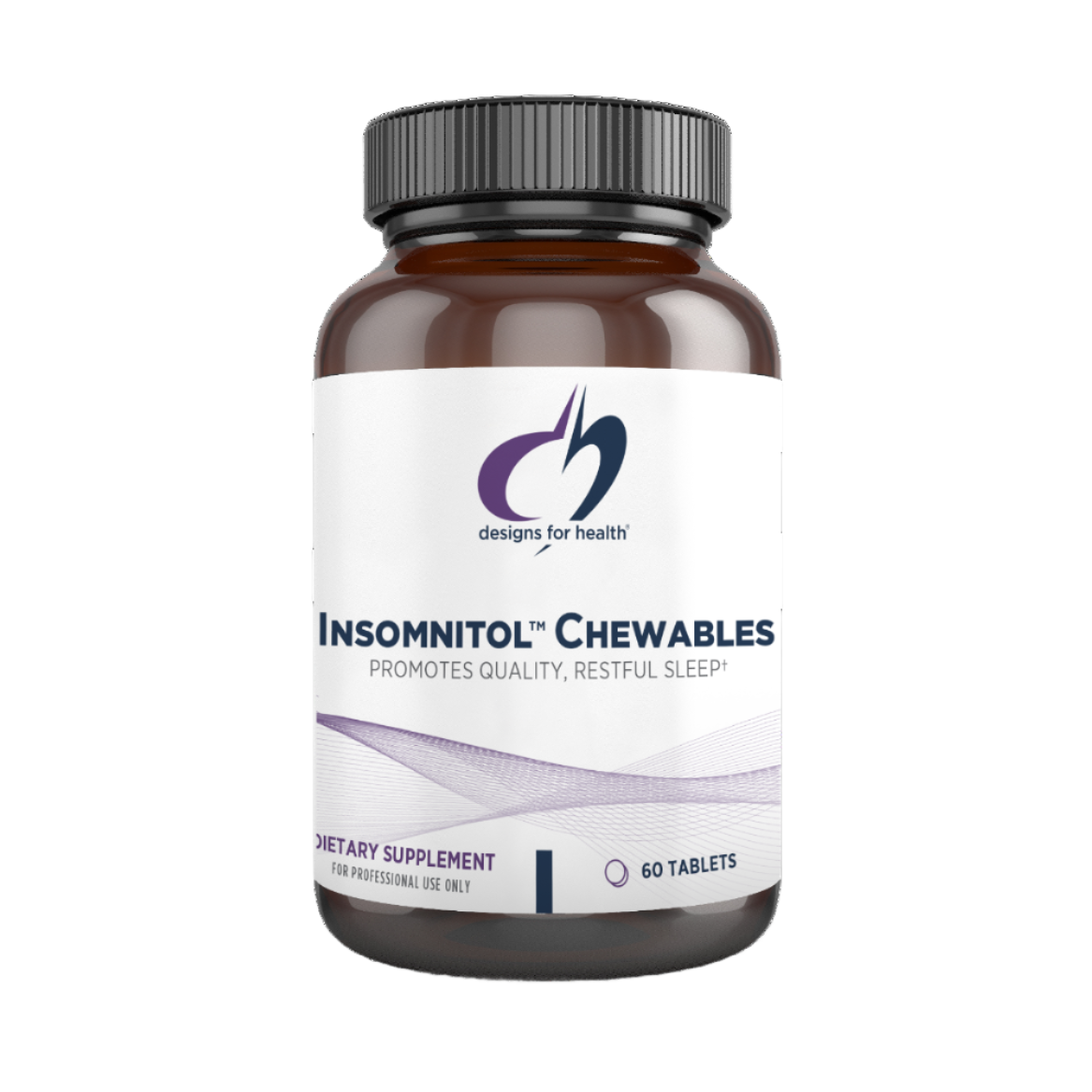 Bottle of Insomnitol Chewables with 60 tablets, lemon flavor, for promoting quality sleep and relaxation.