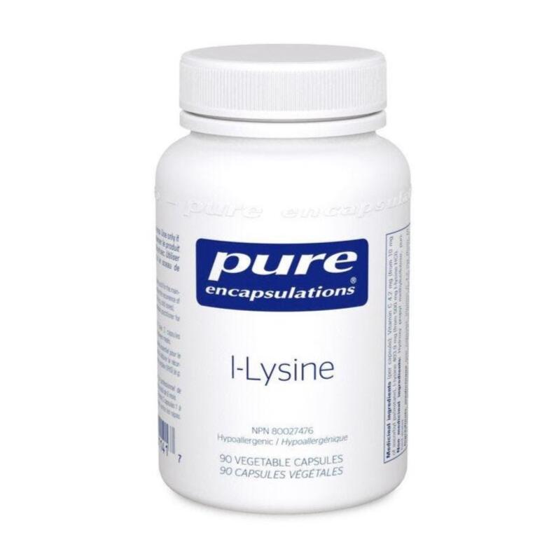 A bottle of Pure Encapsulations L-Lysine, with the label showing the product name and the number of vegetable capsules (90).
