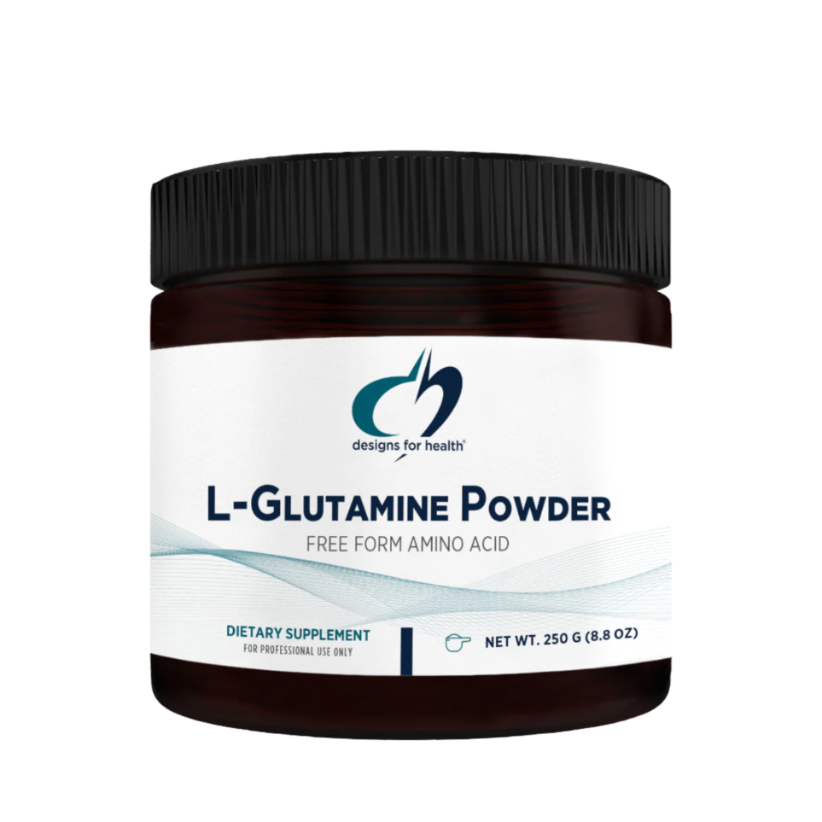 A black tub labelled 'L-Glutamine Powder' by Designs for Health on a white background.