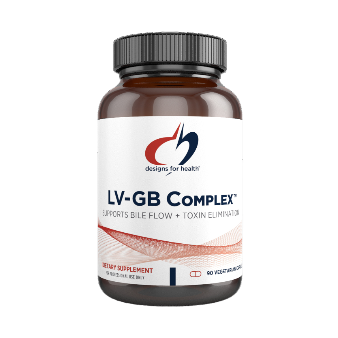 A bottle of LV-GB Complex, a dietary supplement by Designs for Health, with a label indicating support for bile flow and toxin elimination.