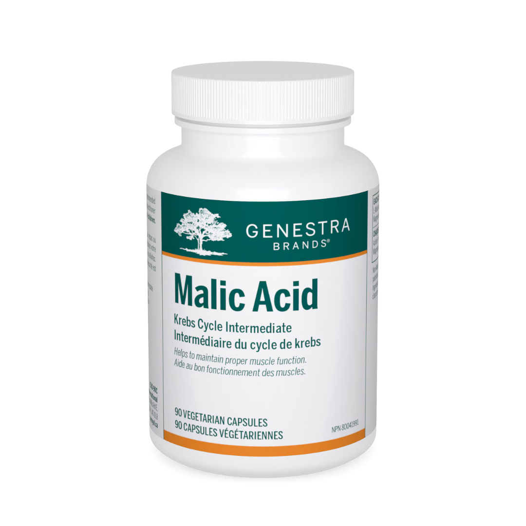 A bottle of Genestra Brands Malic Acid capsules, with a white and green label, indicating the product helps maintain proper muscle function and is ideal for vegans.