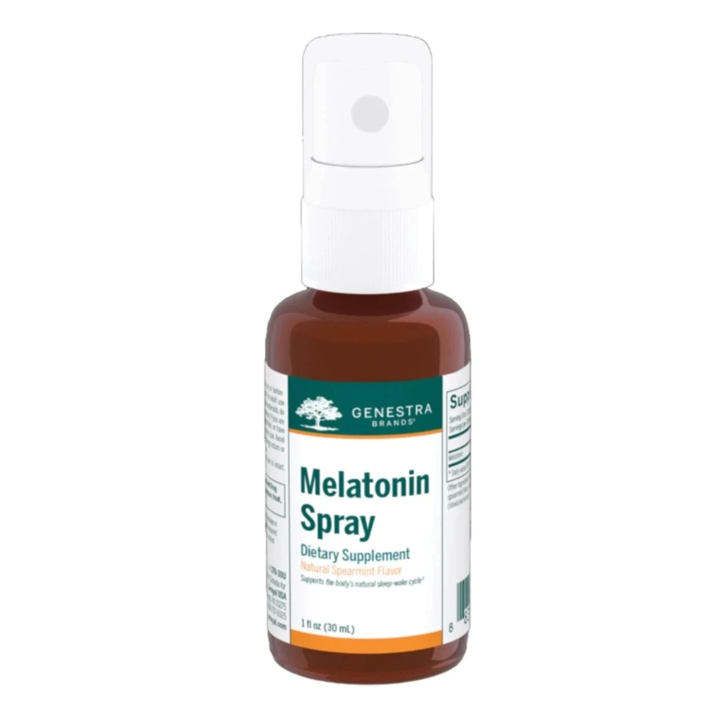 Bottle of Genestra Melatonin Spray with a white label, brown liquid, and a white spray nozzle.