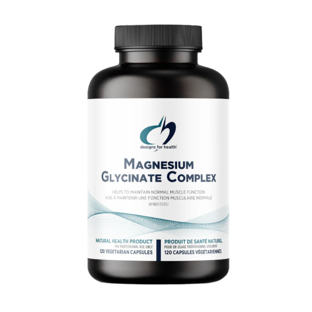 A black bottle labelled 'Magnesium Glycinate Complex' with a white and blue label.