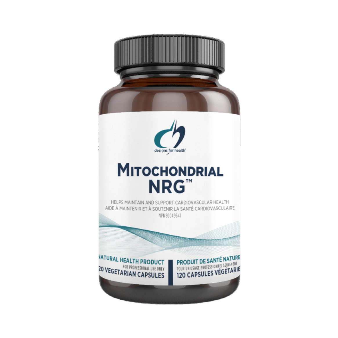 A dark bottle labelled 'Mitochondrial NRG' by Designs for Health on a white background.