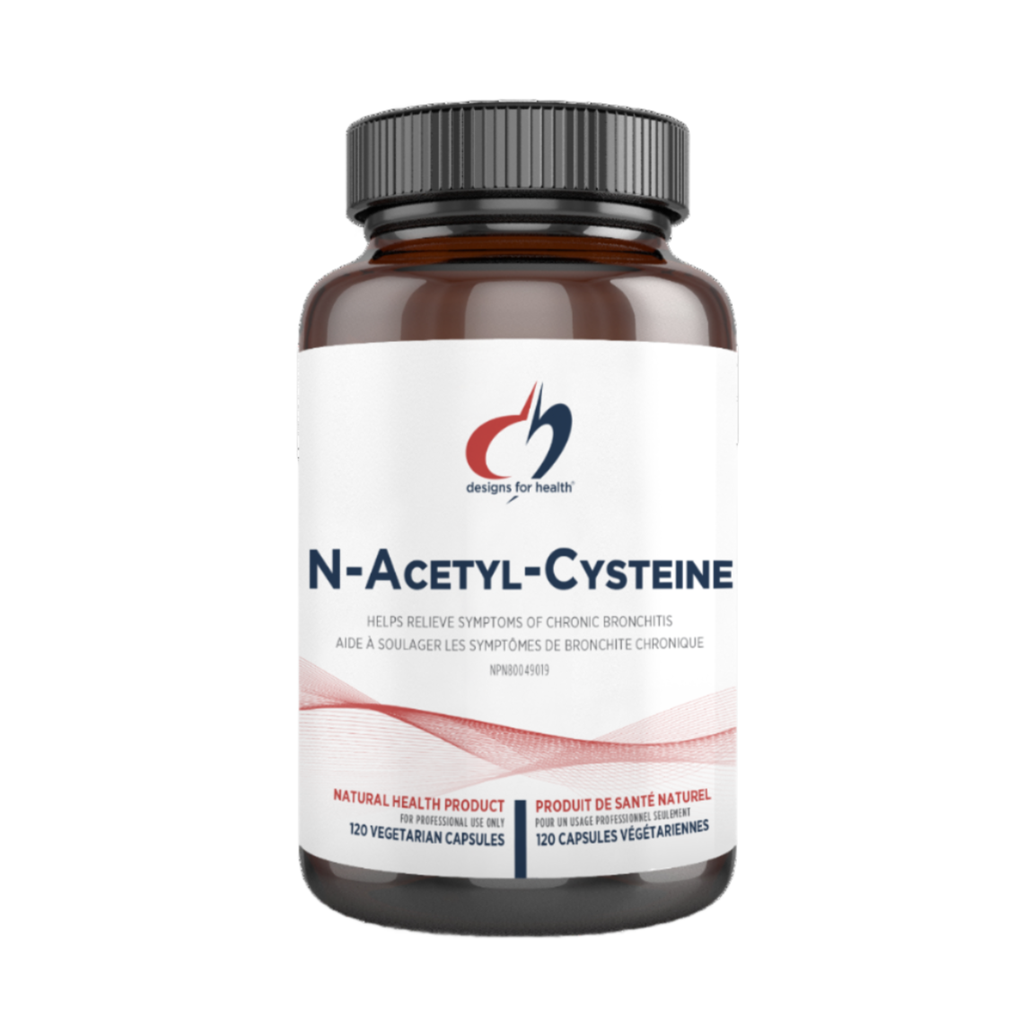 A dark bottle labelled 'N-Acetyl-Cysteine' by Designs for Health on a white background.