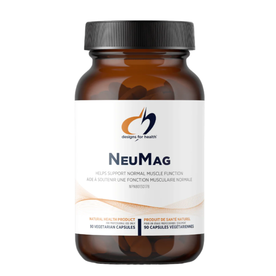 A dark bottle labelled 'NeuMag' by Designs for Health on a white background.