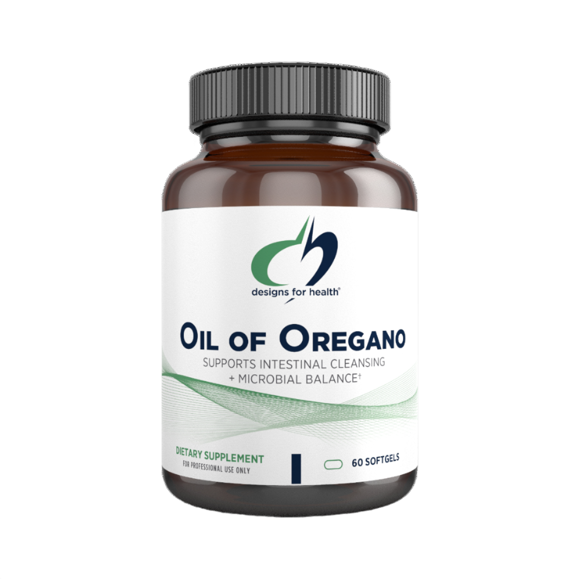 A dark bottle labelled 'Oil of Oregano' by Designs for Health on a white background.