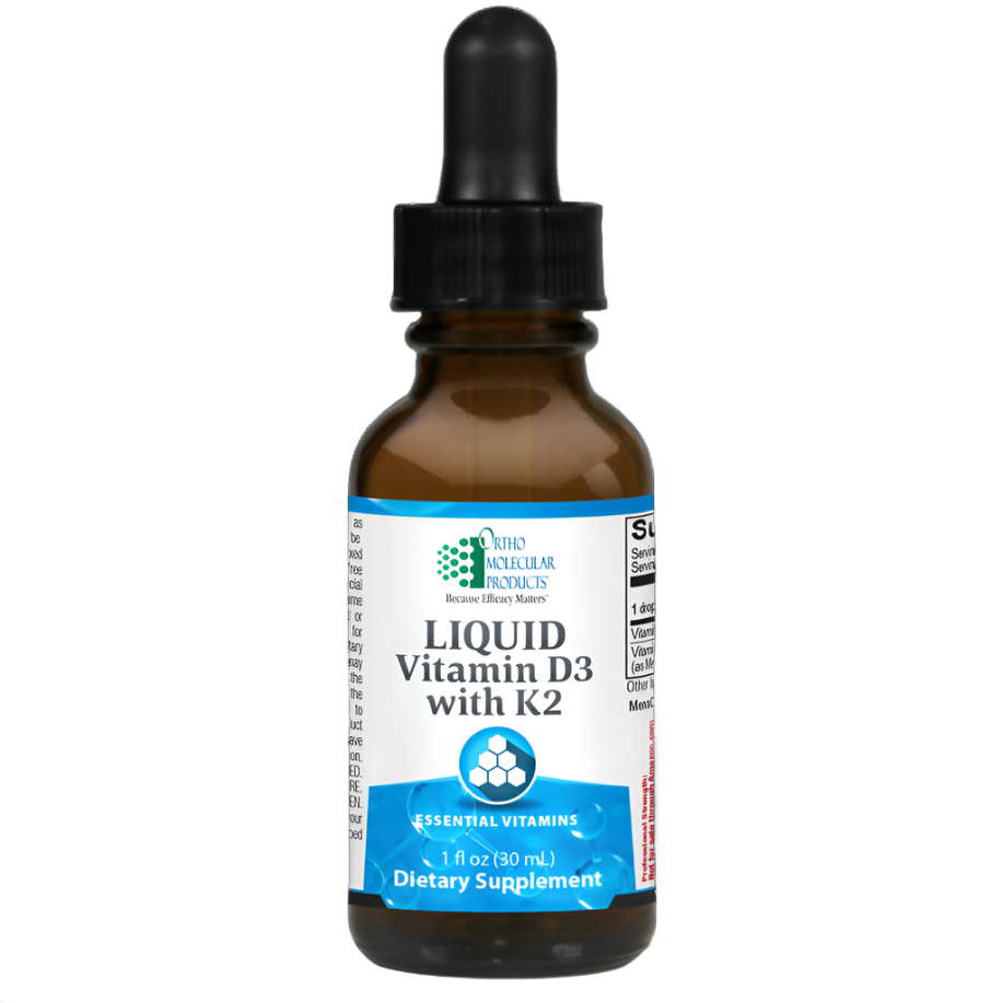 A bottle of Ortho Molecular Vitamin D3 with K2 Liquid, which is a dietary supplement in a 30 ml dark amber glass bottle with a black cap and white label.