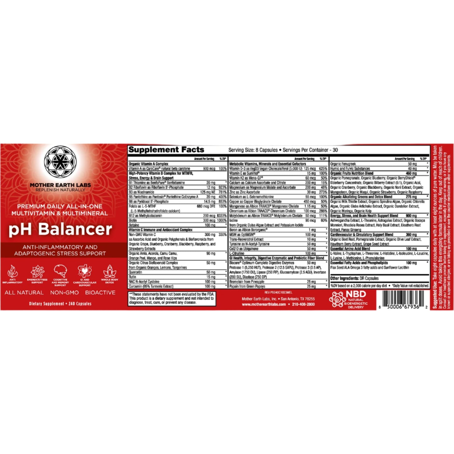 Supplement label for Mother Earth Labs pH Balancer on a white background