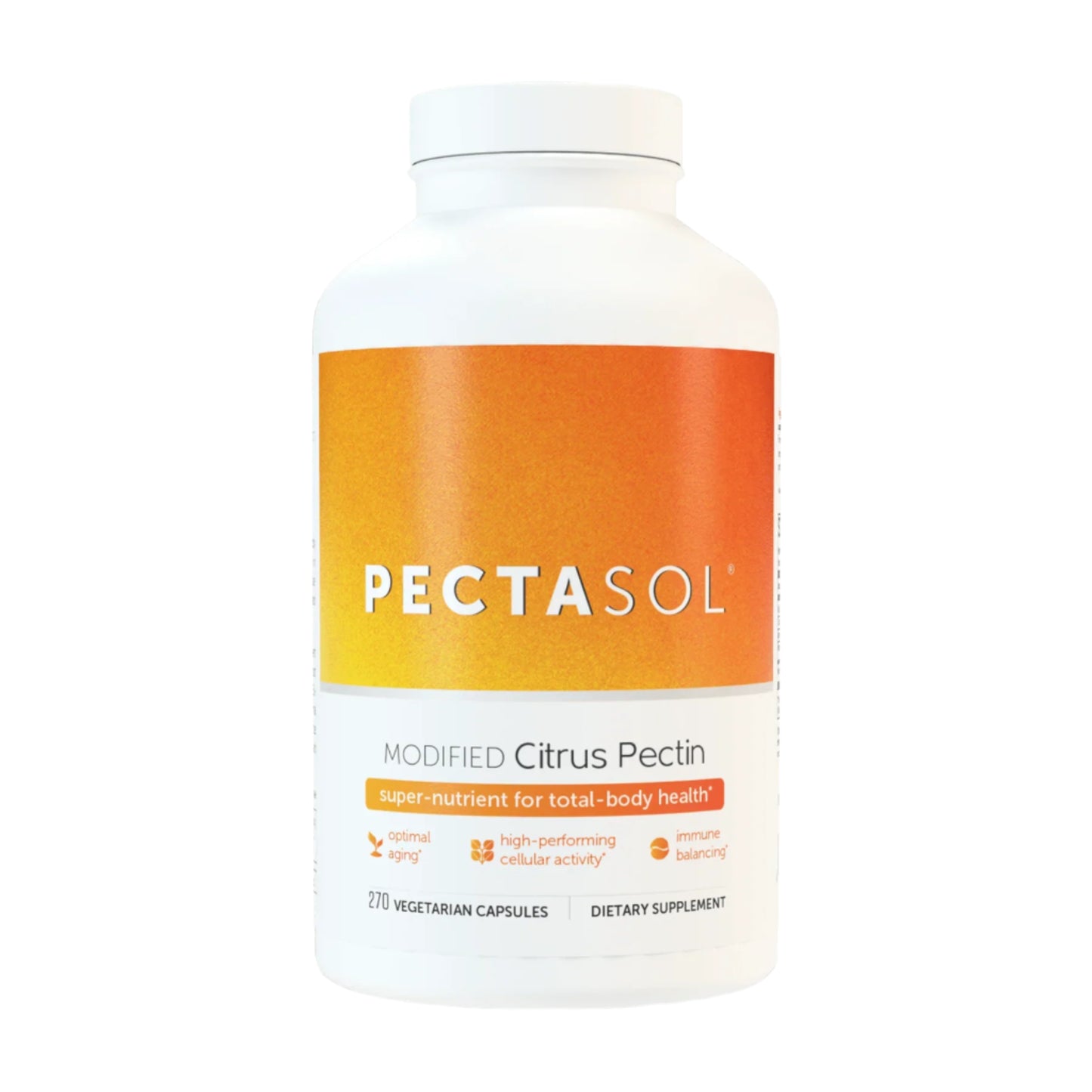 A bottle of PectaSol dietary supplement with Modified Citrus Pectin, labeled as supporting total-body health.