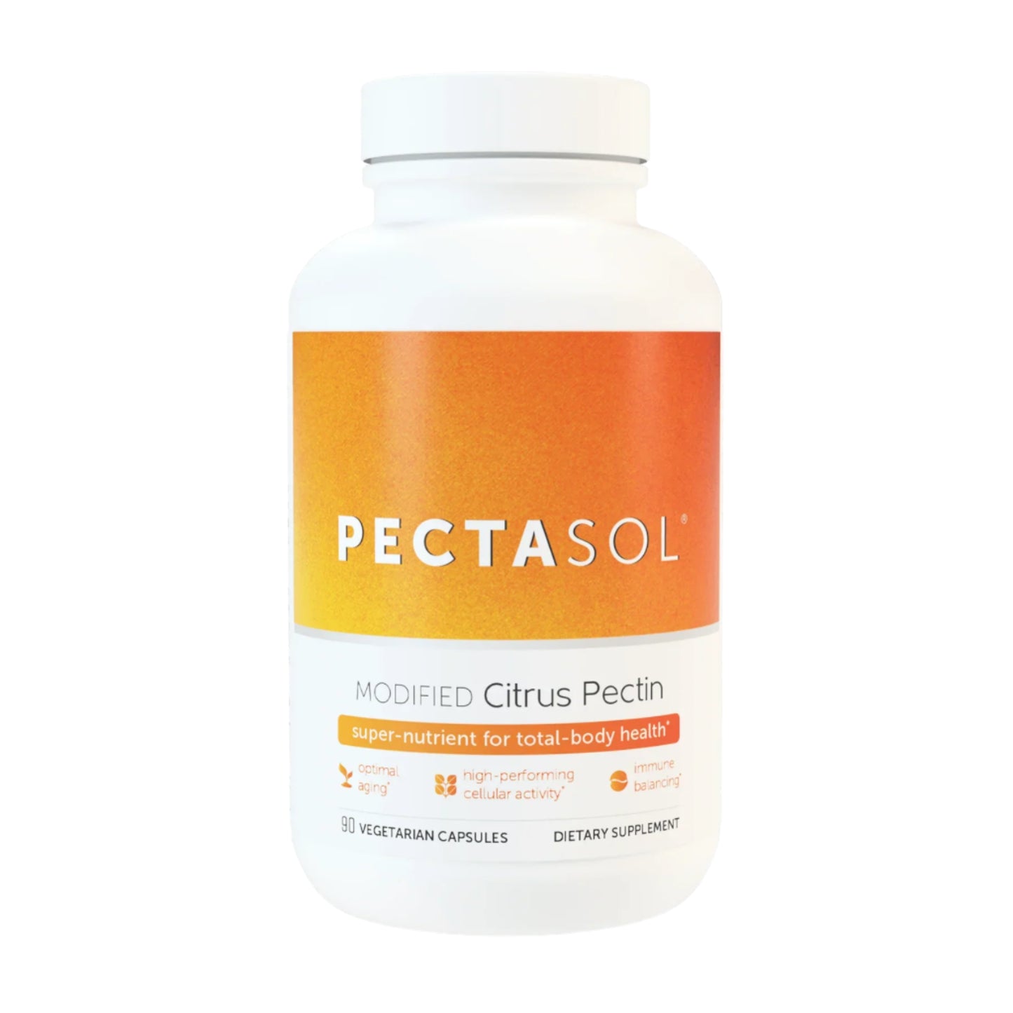 A bottle of PectaSol dietary supplement with Modified Citrus Pectin, labeled as supporting total-body health.