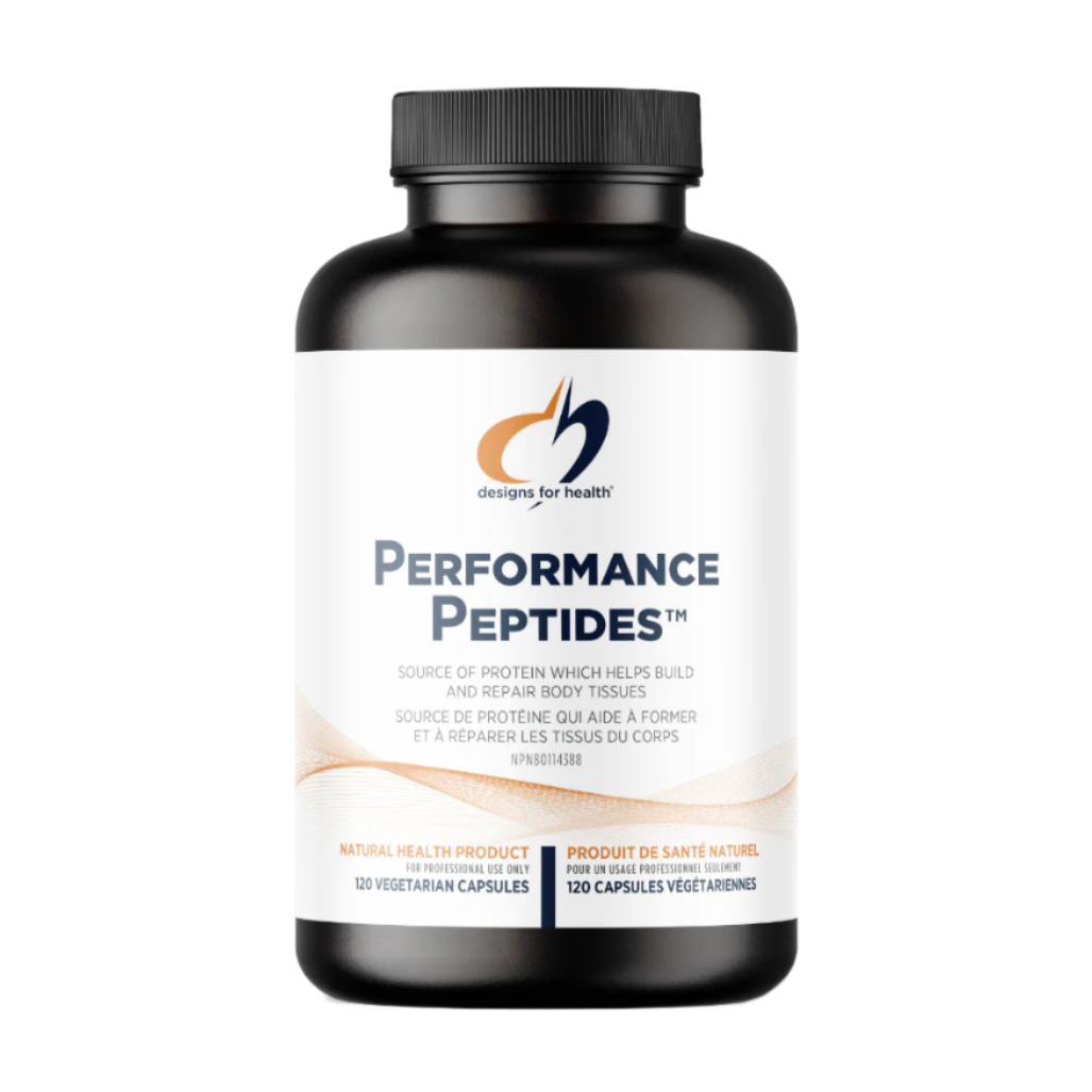 A container of Performance Peptides supplement by Designs for Health, with labeling that includes the product name and mentions 'Source of Protein which helps build and repair body tissue'. The container is black and white with a label design that includes the brand logo and product information.