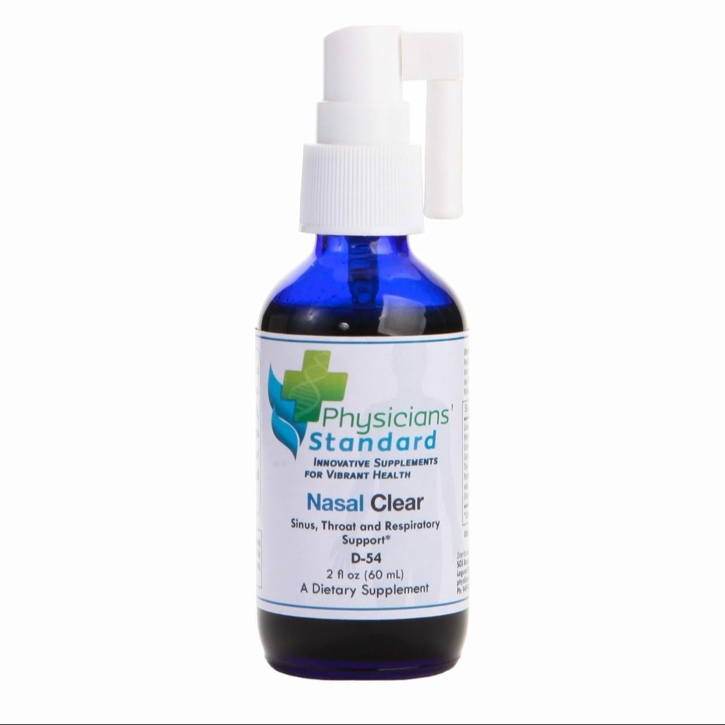 A bottle of Physicians' Standard Nasal Clear, which is a dietary supplement intended for sinus, throat, and respiratory support.