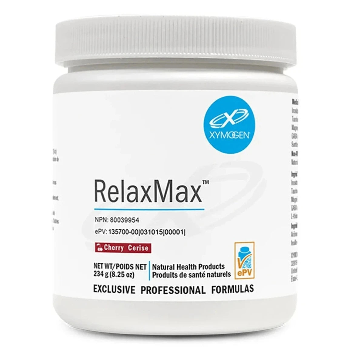 A container of RelaxMax Cherry Flavour by Xymogen, indicating it is a product designed for natural health with a net weight of 234g.