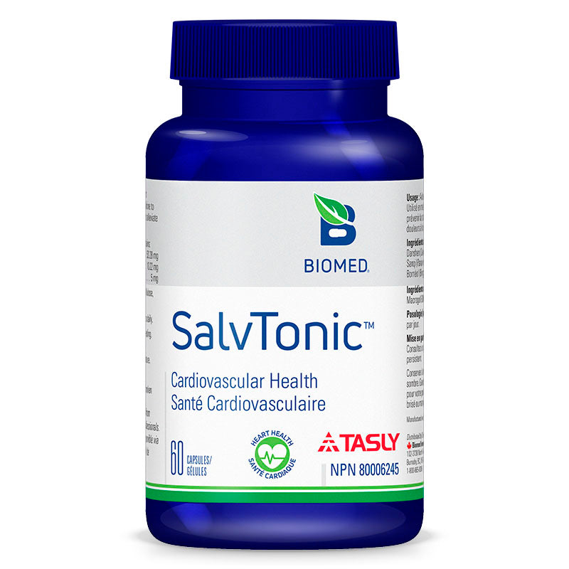 A bottle of Biomed SalvTonic, which is a dietary supplement for cardiovascular and microcirculatory health. The bottle is labeled with the product name, a brief description, and the brand logo.