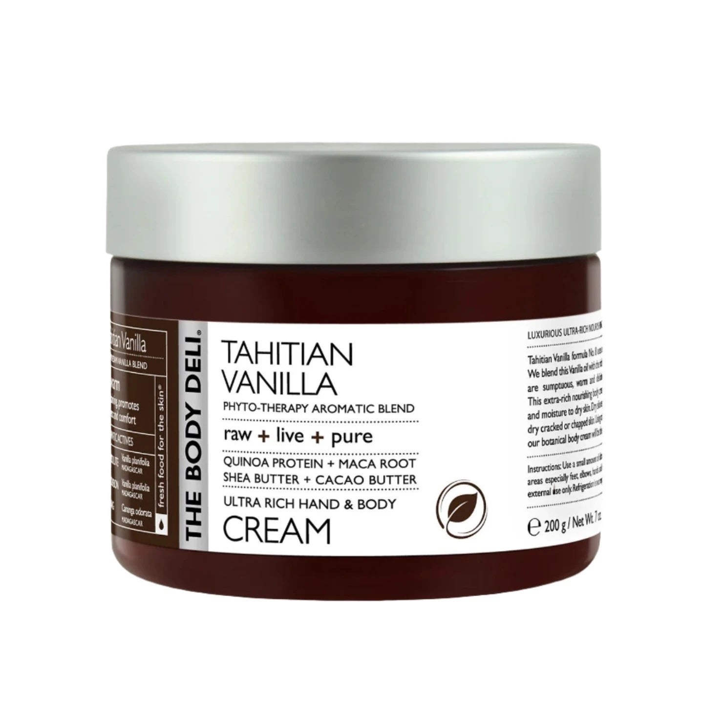 A jar of Tahitian Vanilla Ultra Rich Hand + Body Cream by The Body Deli. The packaging is brown with white and green text, indicating the product benefits and ingredients.