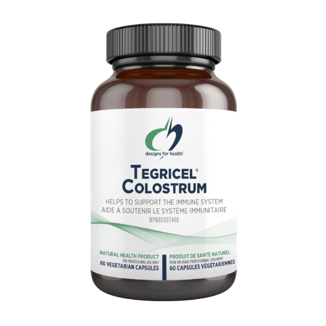 A bottle of Tegricel Colostrum, a dietary supplement designed for the immune system with 60 vegetarian capsules, by Designs for Health.