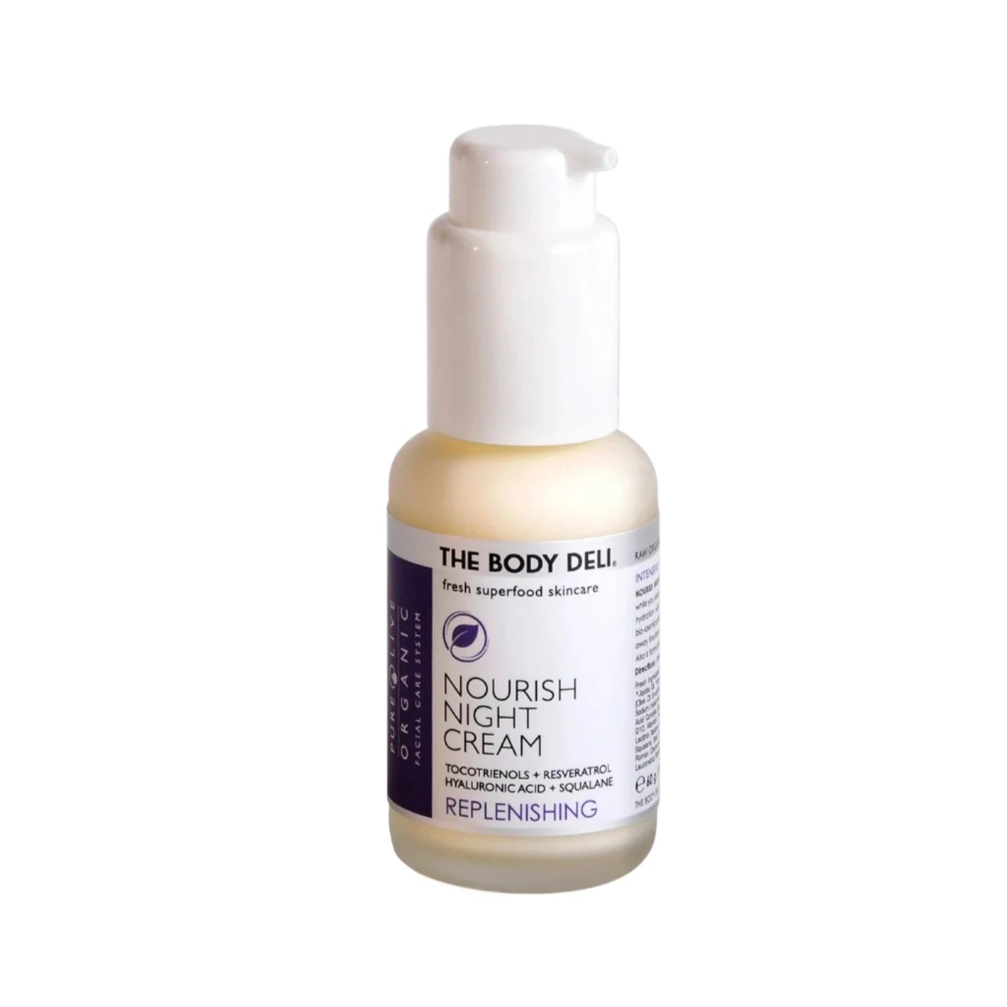 A pump bottle of The Body Deli Nourish Night Cream with a white label and purple text.