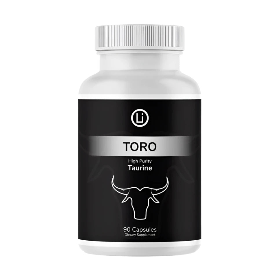 A bottle of Toro Taurine supplement with 90 capsules, labeled as having high purity taurine. The bottle has a black label with a graphic of a bull's head.