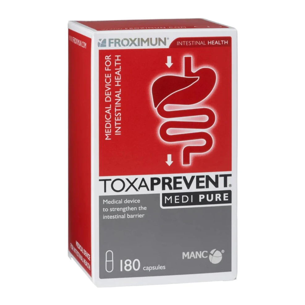 Box of Toxaprevent Medi Pure Capsules, with graphic depicting the intestinal system and text indicating 180 capsules for intestinal health.