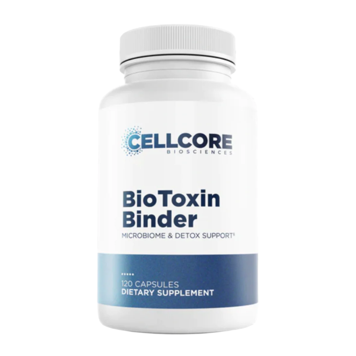 A bottle of CellCore Biosciences BioToxin Binder dietary supplement with 120 capsules, labeled as a product for microbiome and detox support.