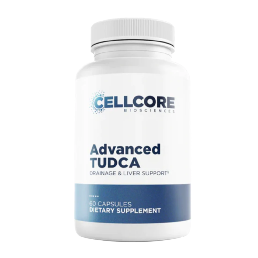 A bottle of Advanced TUDCA dietary supplement by CELLCORE BIOSCIENCES with 60 capsules, labeled for bile support and liver health.