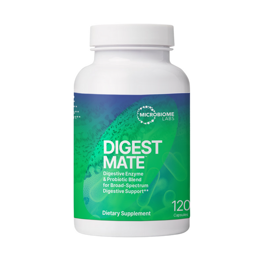 Supplement bottle labeled 'Digest Mate' by Microbiome Labs on a white background