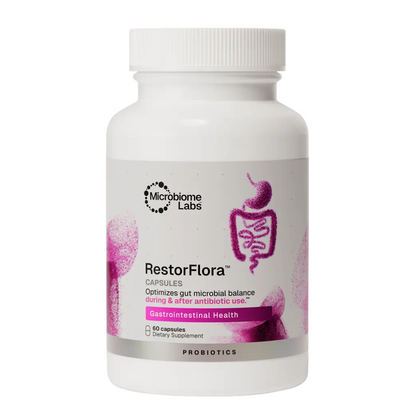 A white plastic bottle of Microbiome Labs RestorFlora capsules, featuring a white cap and a label with pink and purple accents, set against a plain white background.