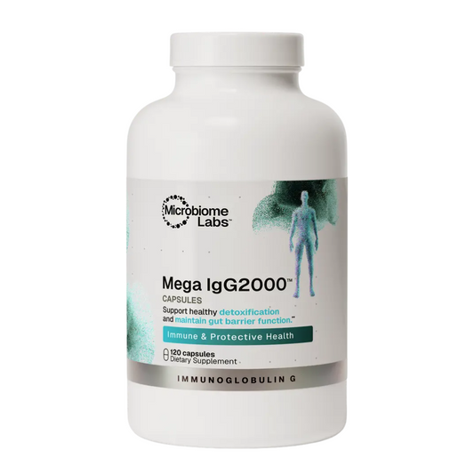 A white plastic bottle of Microbiome Labs Mega IgG2000 dietary supplement capsules, featuring a white label with teal and gray accents, on a solid white background.