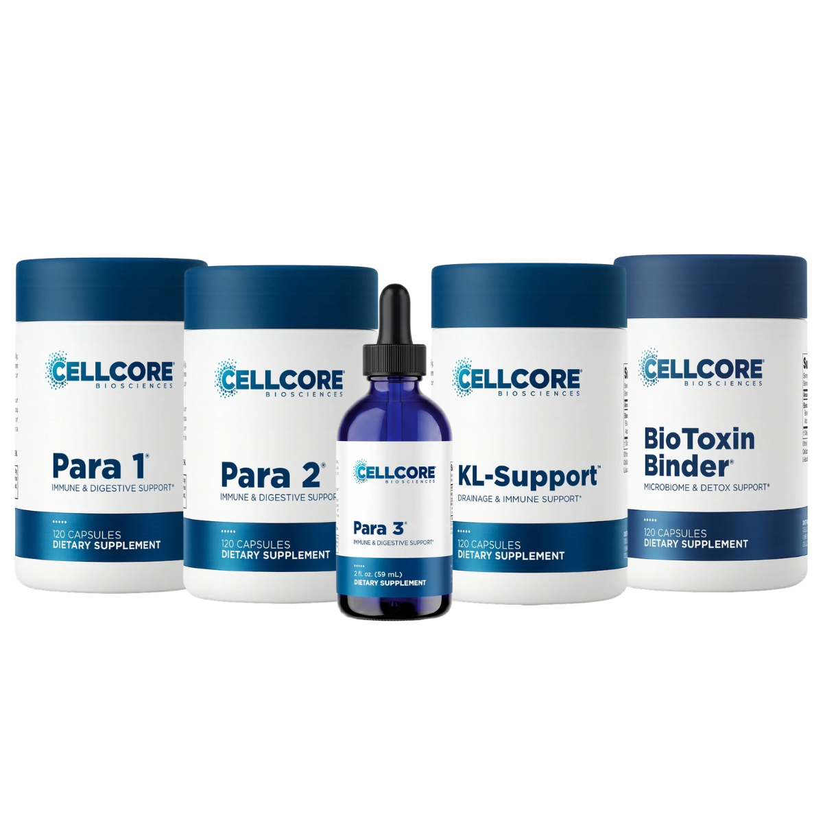 A 5-piece Cellcore BioSciences dietary supplement set on a white background, including four white plastic tubs with dark blue caps and labels (Para 1, Para 2, KL-Support, BioToxin Binder) and one dark blue glass dropper bottle (Para 3).