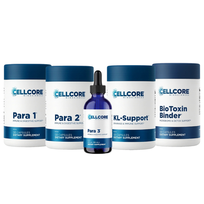 A 5-piece Cellcore BioSciences dietary supplement set on a white background, including four white plastic tubs with dark blue caps and labels (Para 1, Para 2, KL-Support, BioToxin Binder) and one dark blue glass dropper bottle (Para 3).