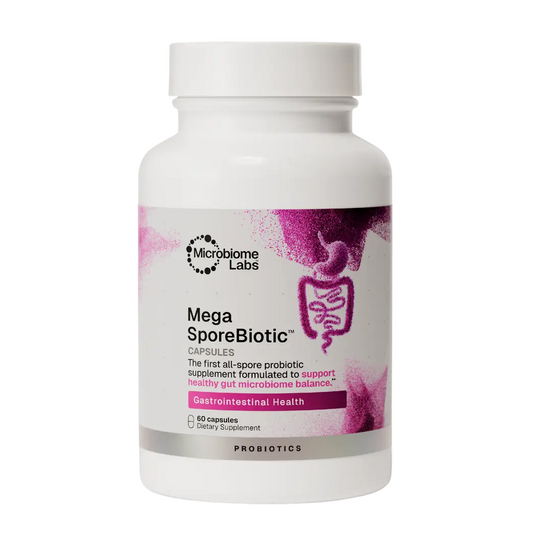 A white plastic bottle of Microbiome Labs Mega SporeBiotic dietary supplement capsules, featuring a white cap and a label with pink and purple accents, set against a plain white background.