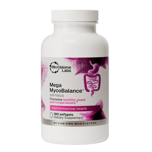 A white plastic bottle of Microbiome Labs Mega MycoBalance Softgels, 150 count, on a clean white background.