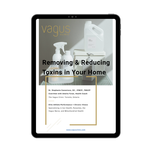 A digital cover of a guide titled 'Removing & Reducing Toxins in Your Home' displayed on a tablet, featuring images of cleaning supplies and a white bottle.