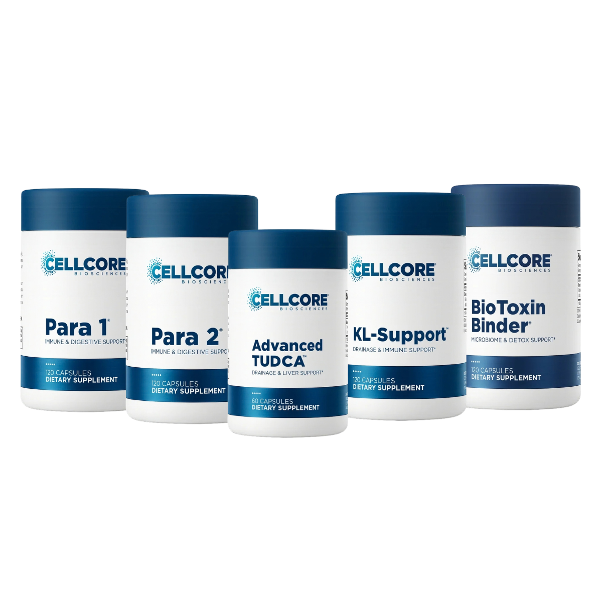 Five Cellcore Organiser dietary supplement bottles arranged in a row on a white background. The bottles are white with dark blue caps and blue lower label bands, featuring products including Para 1, Para 2, Advanced TUDCA, KL-Support, and BioToxin Binder.