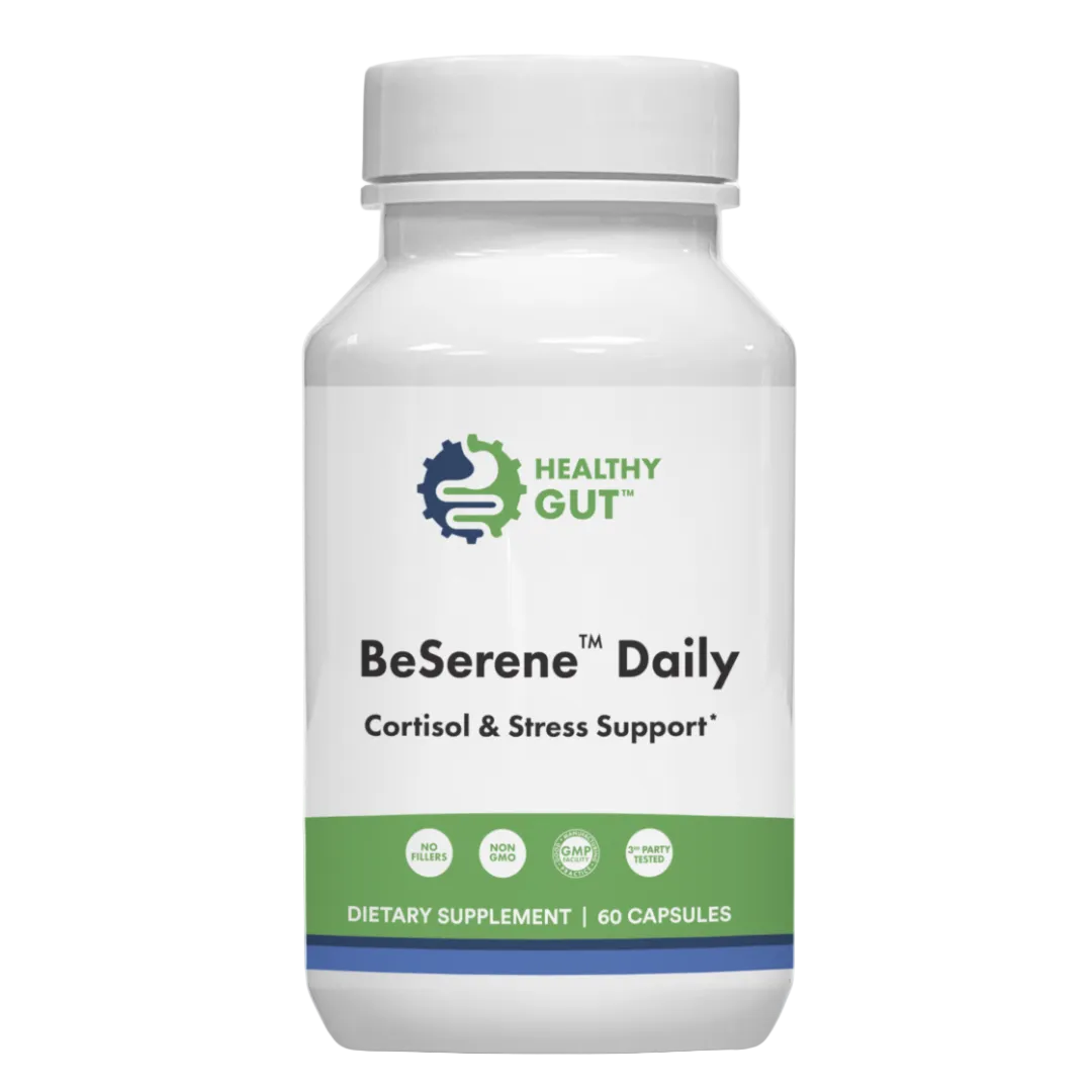 Supplement bottle labeled 'BeSerenne Daily' for cortisol and stress support on a white background.