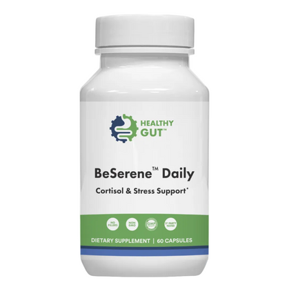 Supplement bottle labeled 'BeSerenne Daily' for cortisol and stress support on a white background.