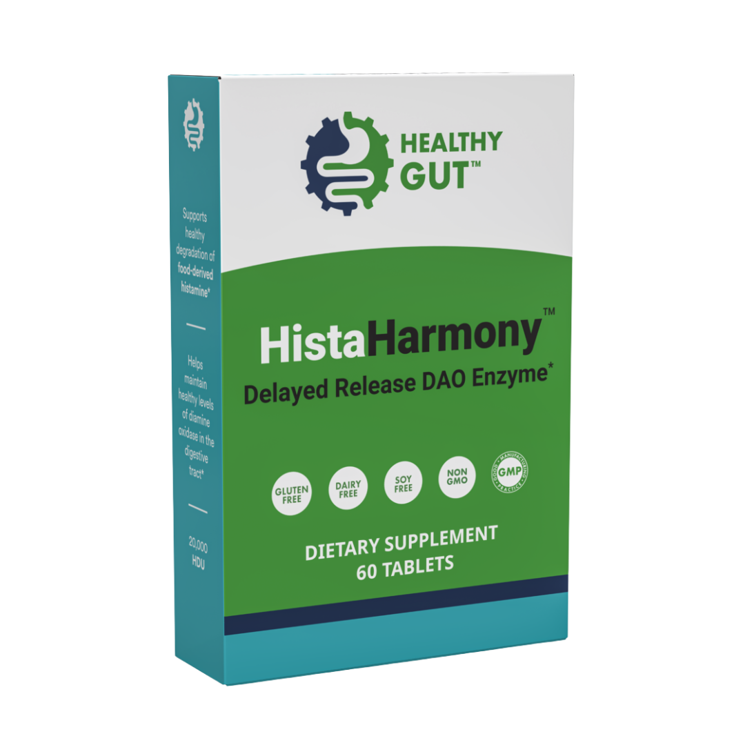 Box of HistaHarmony Delayed Release DAO Enzyme dietary supplement by Healthy Gut on a white background