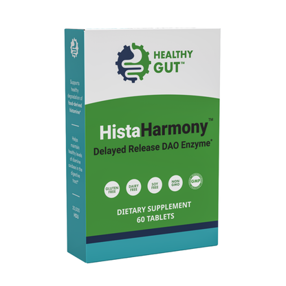 Box of HistaHarmony Delayed Release DAO Enzyme dietary supplement by Healthy Gut on a white background